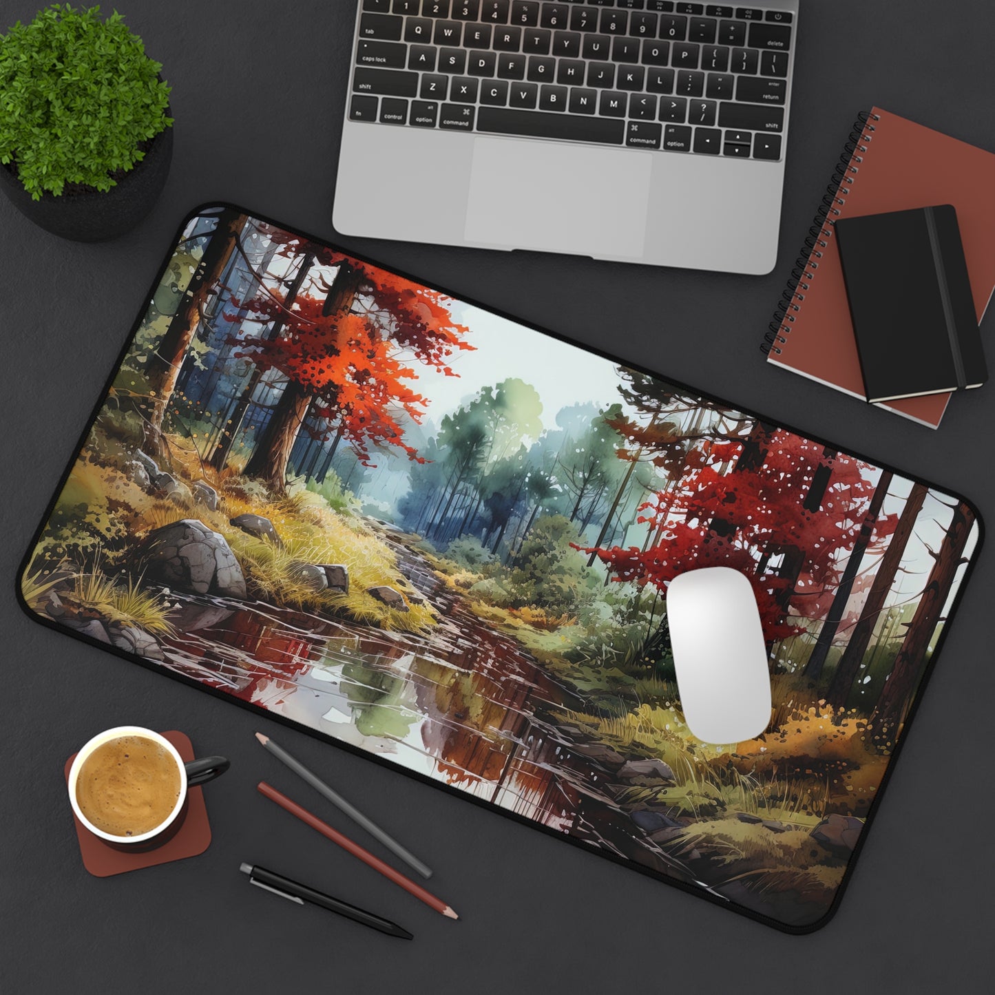 Autumn Forest Desk Mat – Watercolor Calm for Your Workspace